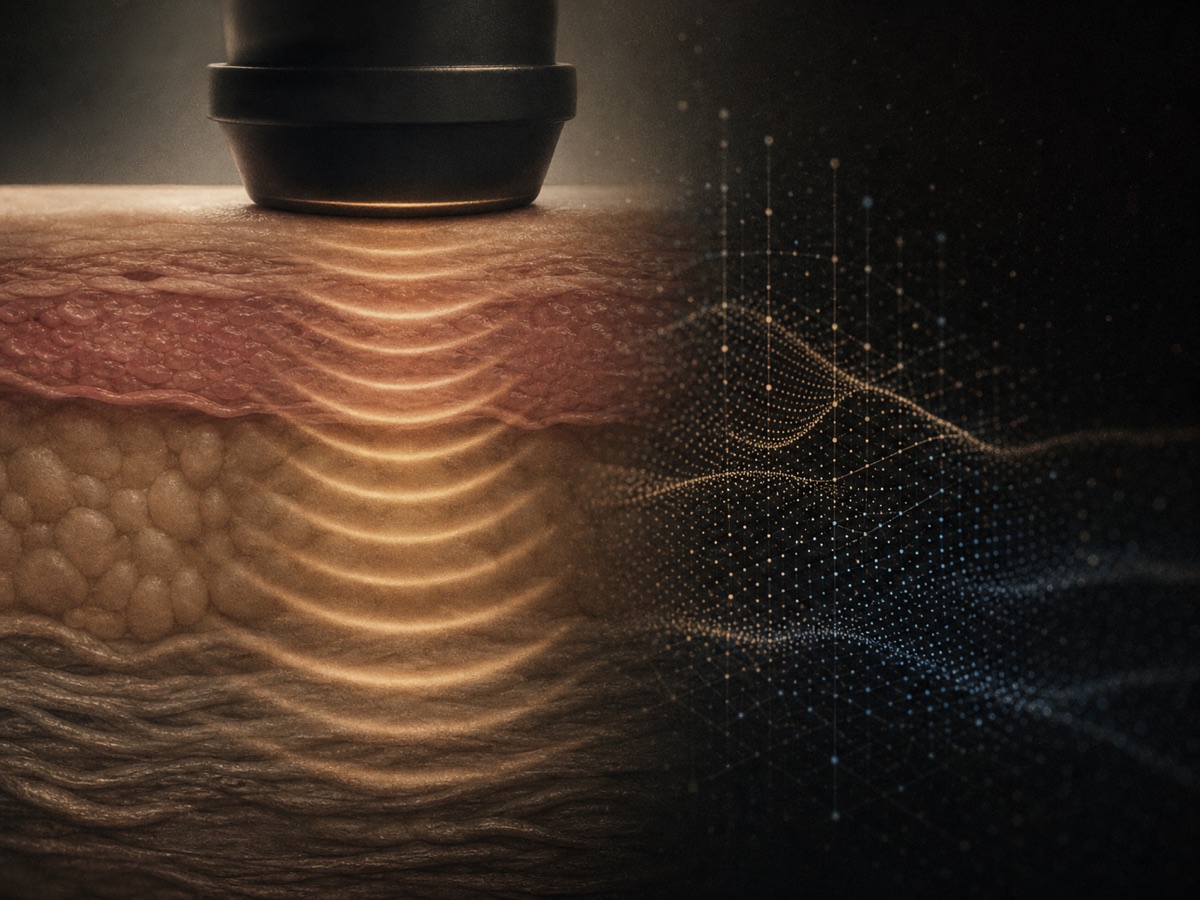 Temporary editorial artwork showing ultrasound passing through layered tissue